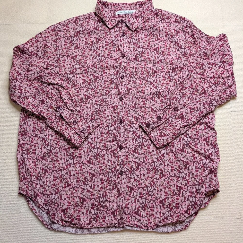 Calvin Klein Jeans long sleeve, pink, white, green button down shirt - size M - Picture 1 of 8